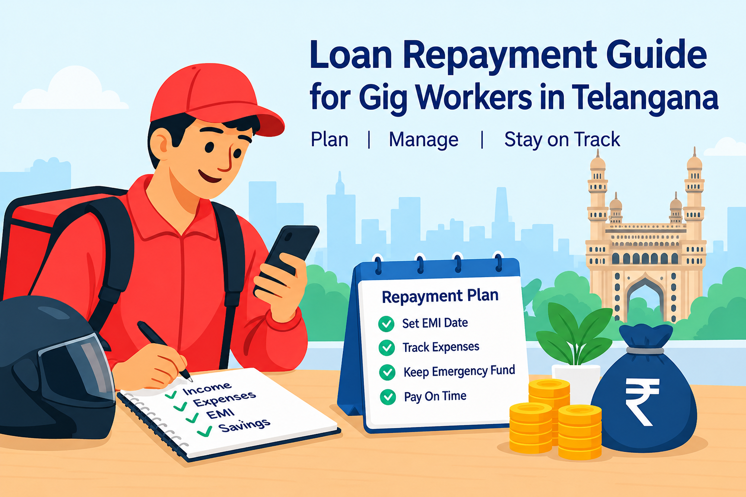 Simple illustration of a gig worker in Telangana planning loan repayments with an EMI calendar, expense checklist, emergency savings, and rupee coins against a Hyderabad Charminar background.